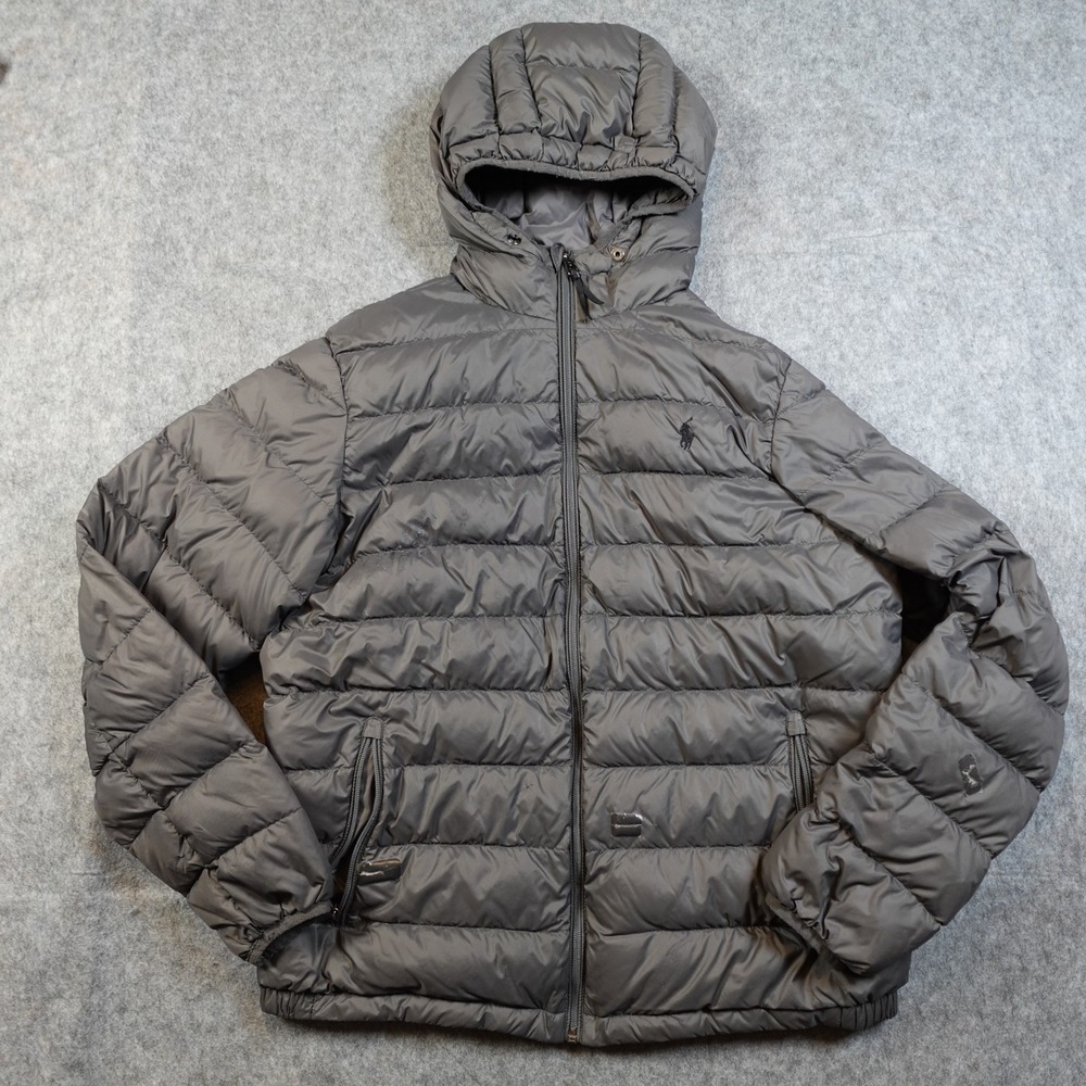 Polo Ralph Lauren Coat Womens Large Black‎ Duck Down Puffer Hooded Zip FLAW